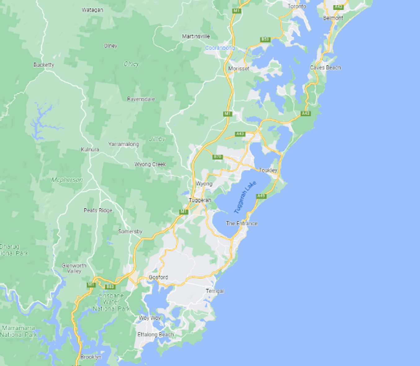 Central Coast NSW service area map — roofing services from Gosford to Wyong